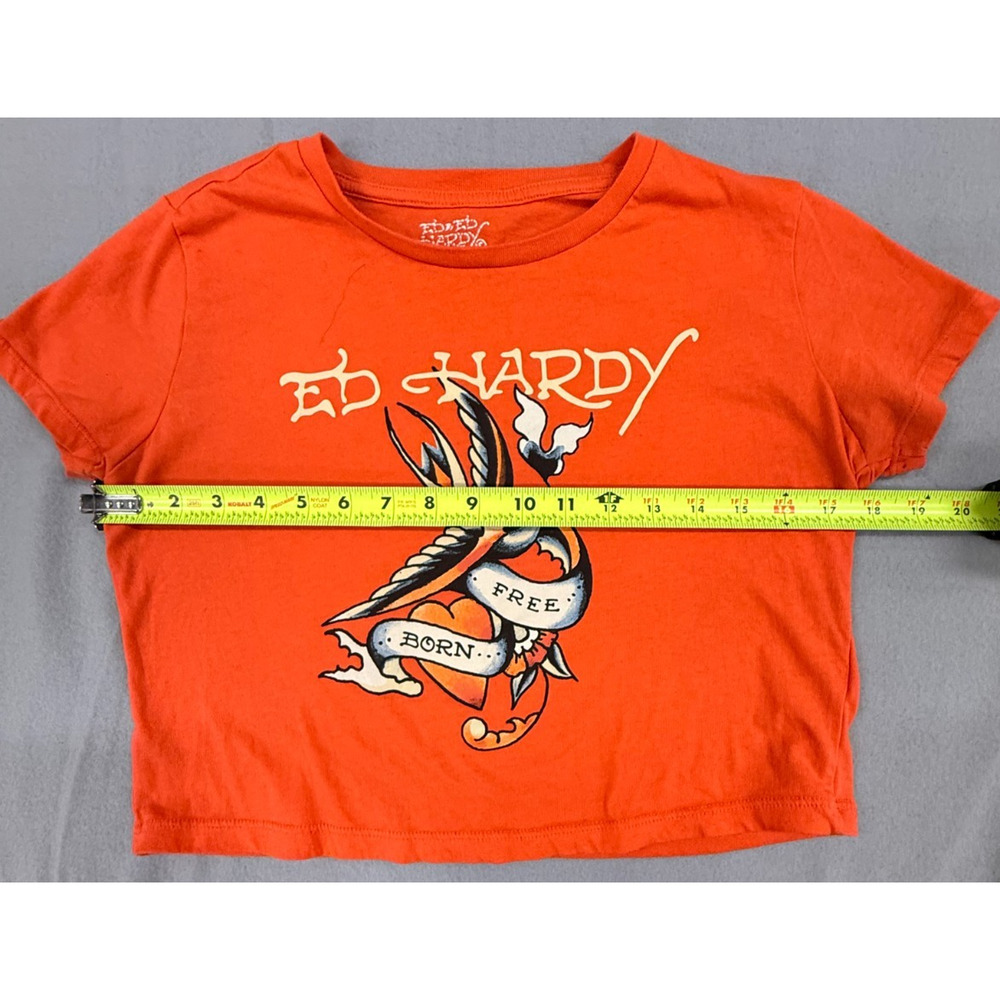 Ed Hardy Top Womens XL Orange Short Sleeve Born Free Tattoo Graphic Cropped Tee - Picture 4 of 7